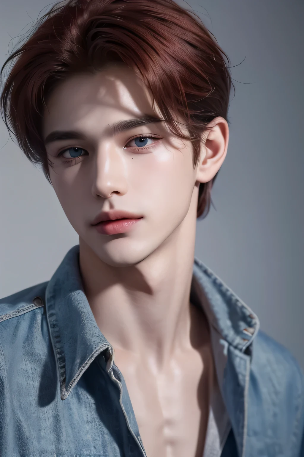 ((highest quality, 8K, masterpiece: 1.3)), Handsome boy in street fashion:1.5, 20-year-old、Delinquent boy、 well-groomed face, Red hair color、thin face、（white skin:1.5）、blue eyes、boy with makeup、Super handsome、laugh suspiciously、sexy eyes、Extra-fine face, handsome nose, small eyes and face, beautiful lighting, High resolution, detailed mouth, smile, whole body: 1.5, perfect body shape、super slim，medium hair、STUSSY clothes、silver accessories、Oversized clothes、