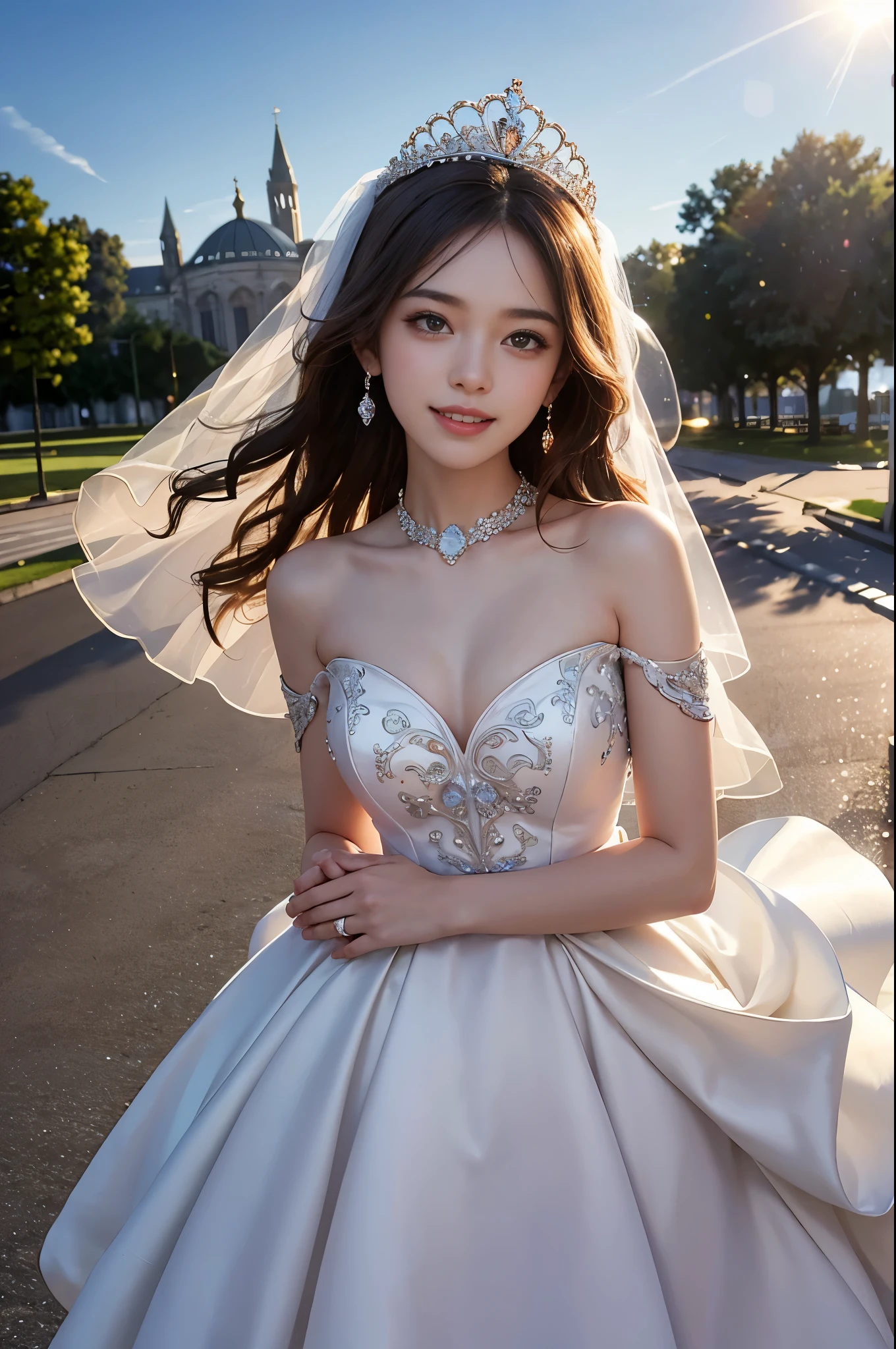 best quality, masterpiece, 1 girl, huge laugh, cute , shiny lips, sweet, sun glare, Conservative attire, wedding dress, bridal tiara, depth of field, blurred background, Cathedral Background, light particles, strong wind, head tilt