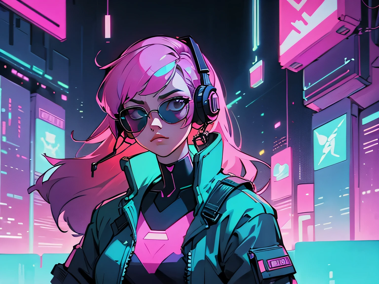 cyberpunk style、neon cityscape、1980s American synth wave vibe、Beautiful woman with long hair、Wearing sunglasses and headphones、I can see the whole body
