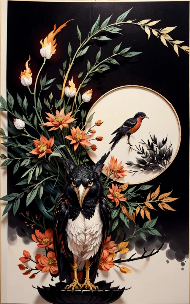 shukezouma, shuimobysim, ((starling)), willow branches, (masterpiece, best quality: 1.2), ((Traditional Chinese ink painting)), model style, bamboo branches, bamboo, wuchangshuo, red, orange, black, fire, starling, bird