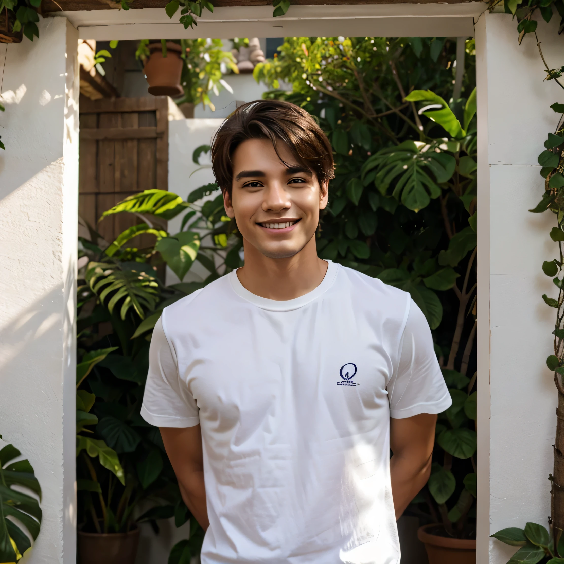 Hombre, joven sentado en un salon de clases, iluminado, atras una ventana con un jardin y un estacionamiento, pensativo, sonriendo, dia, ultrarealista, Kodak, casual