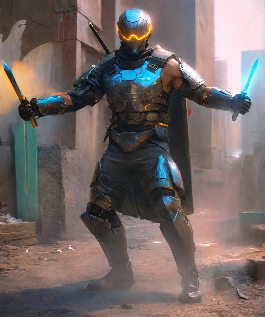 ((Best Quality)), ((Masterpiece)), (Very detailed:1.3)(Cyberpunk:1.3),(Depth of Field) HDR (High Dynamic Range), Super Resolution,there is a man in a full body armor with a cape holding a sword, clothed in stealth armor, combat stance, intimidating full body armor,armored uniform, Shoulder pads, Knee pads, Utility belt, three throwing knives holstered on his arm, in a Street