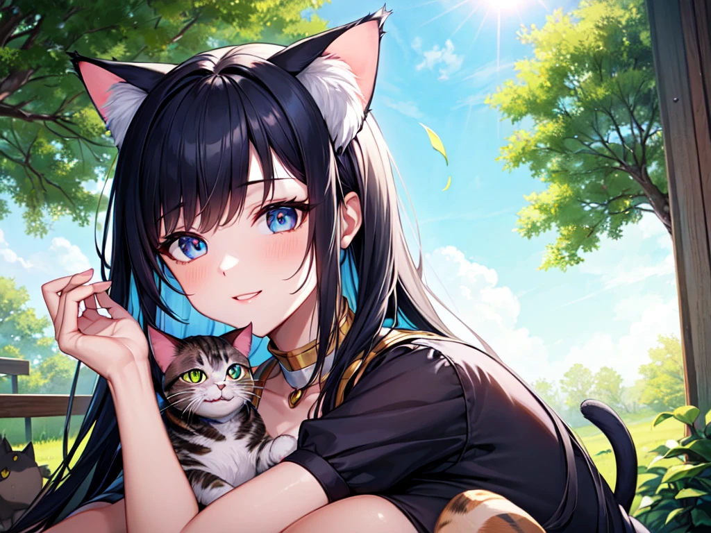 (outdoor、noon、blue sky)
,( best quality, 8k , ultra-detailed ),( smile , blush, medium breasts )
1 girl、solo、long hair、bangs、(black hair)、(blue eyes),( cat-like eyes:1.9 ),
dress、animal ears、bare shoulders、sit、clavicle、No sleeve、cloud、Cat ear、raise your hand、water、(白いdress)、wood、animal earsの綿毛、No sleeveのdress、Extra ears、サンdress、bench、Viewer&#39;s perspective、(Upper body:1.3)、, pointed nose, thin lips,( beautiful anime style woman)
, slim body type
, lens Flare:1.4
, (Telephoto Lens: 1.2), (Mirrorless Camera: 1.1), (Shutter Speed), (Natural Light: 1.3)
