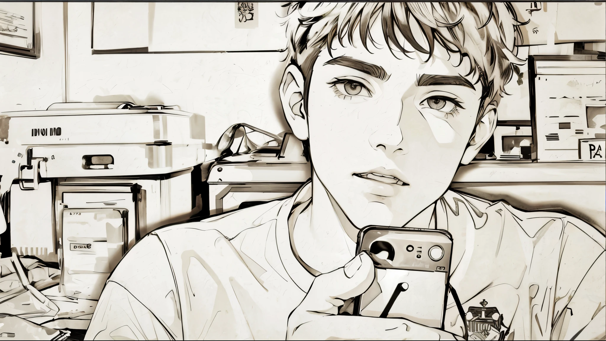 estilo anime 2d. hay un joven lindo asustado ve algo terrorifico siente miedo nervios joven esta mirando a alguien
