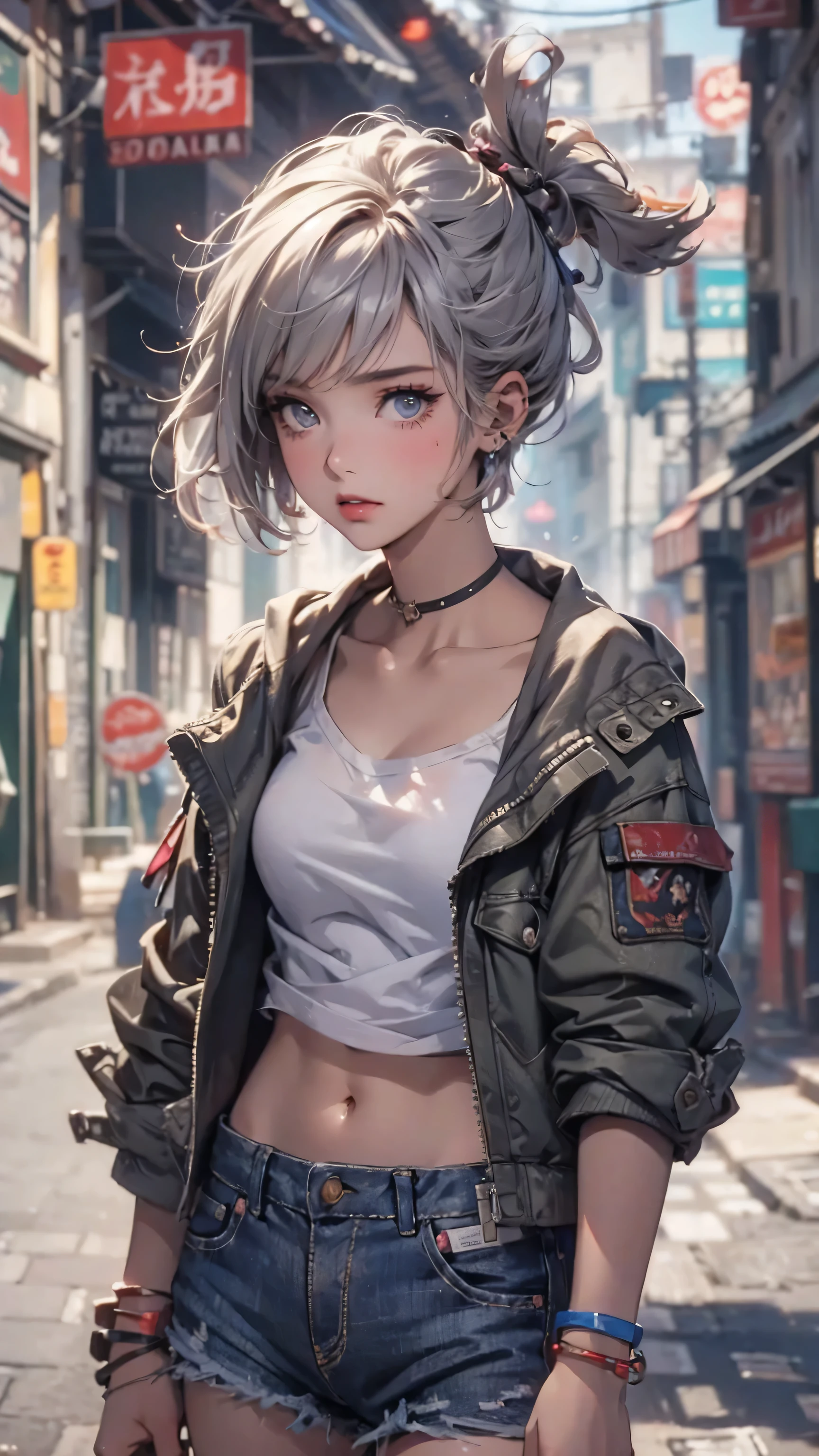 (masterpiece, High resolution, highest quality), ((20 year old woman, Composition from head to stomach, upper body focus)), look up to the sky, detailed eyes, Full arm flower tattoo:1.2, Asymmetrical punk short hair:1.2, ash gray hair, Solid Tube Top :1.3, hot pants, blurred background, A deserted back alley in Paris:1.3, cinematic lighting, anime style, simple lines, digital painting