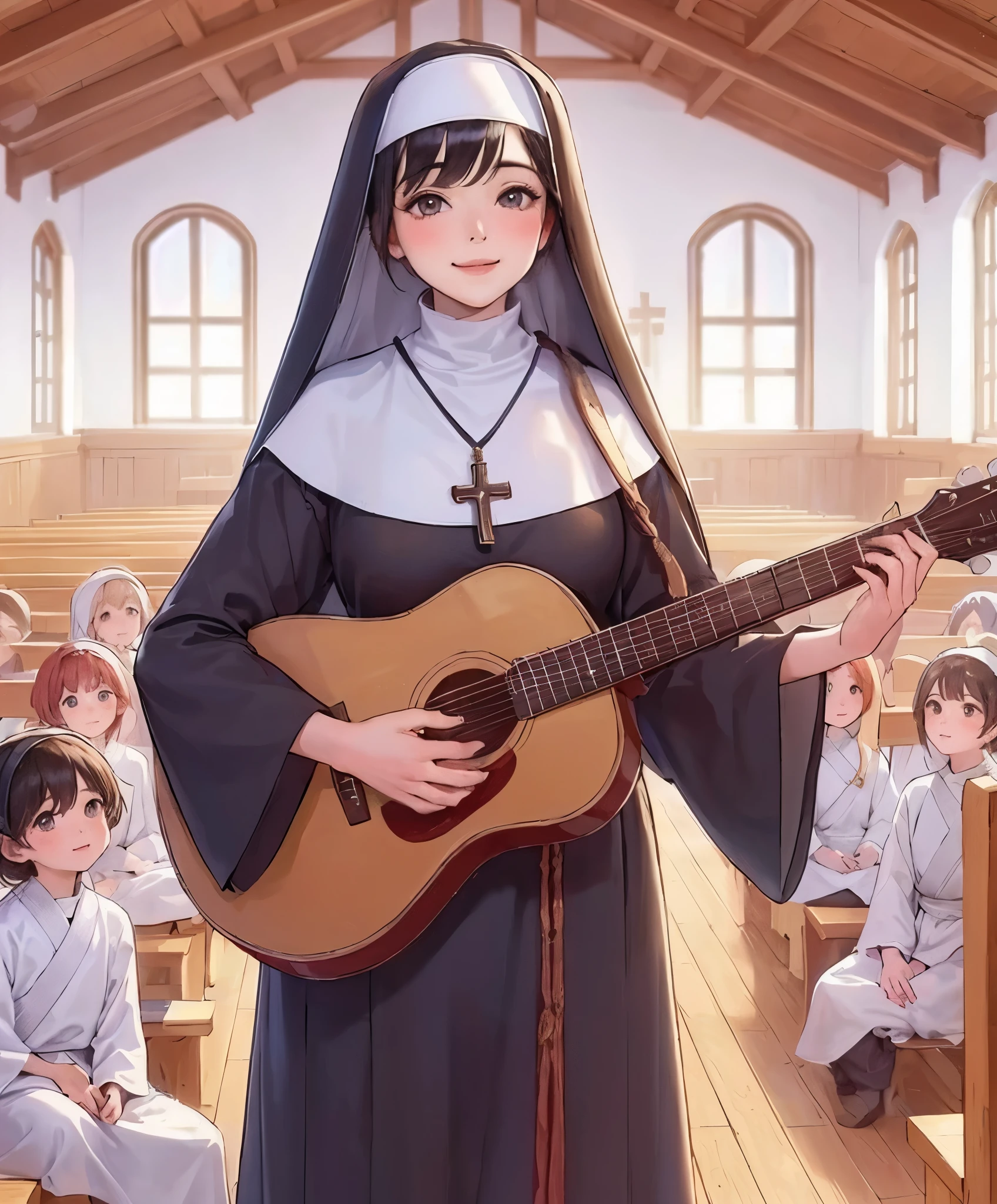 1lady solo, standing, (playing the guitarr:1.2), (nun outfit), wimple, mature female, /(black hair/) bangs, blush kind smile, (masterpiece best quality:1.2) delicate illustration ultra-detailed BREAK (cross:1.2), (rosery hanging from neck) BREAK ((modest chapel:1.2) in monastery), indoors, (children sitting:1.2) smile, noon, detailed background