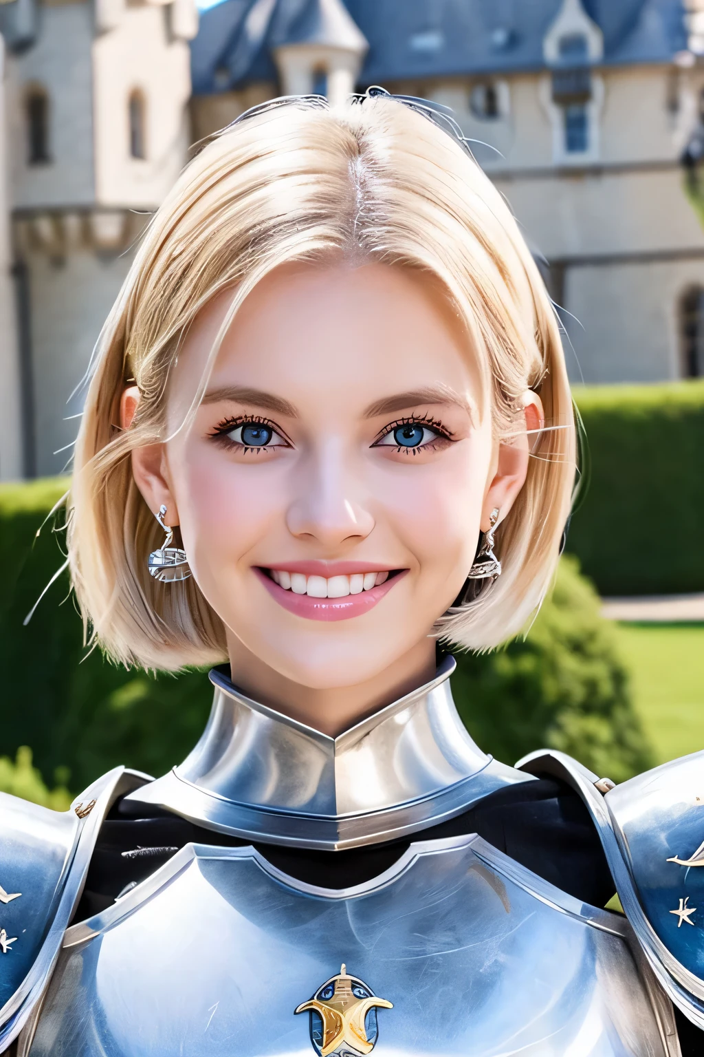 ８Ｋ、highest quality、female knight、Luxurious Silver Armor、、hairstyle short cut、smile、beautiful teeth、full body photo、ear piercing、blonde、white woman、blue eyes、heavy makeup、The background is the interior of the castle..

