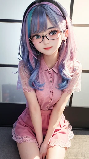 small face、 (alone:1.5,)Super detailed,bright colors, very beautiful detailed anime face and eyes, look straight,  shiny_skin,girl, (((rainbow colored hair, colorful hair, Half light blue、half pink hair: 1.2))), 、shiny hair, delicate beautiful face, blush、Glasses、(turquoise eyes), , Valletta, earrings,、flower garden、sunset、(((Floral、Stylish lace mini skirt,Semi-transparent red shirt)))、（twin tails）、smile、happy face、face dyed red、cheerful pose、dynamic、Head to toe full body portrait、（I can see the whole body）、（left hand、ring finger、ring）、Glassesに手を添える