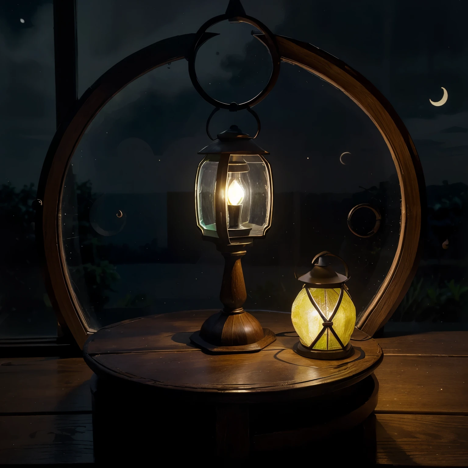 (a small lantern,wooden table,old window),(distant crescent moon, dark sky) ,[Art Nouveau] watercolor, splash, [alcohol ink], vivid colors, soft lighting