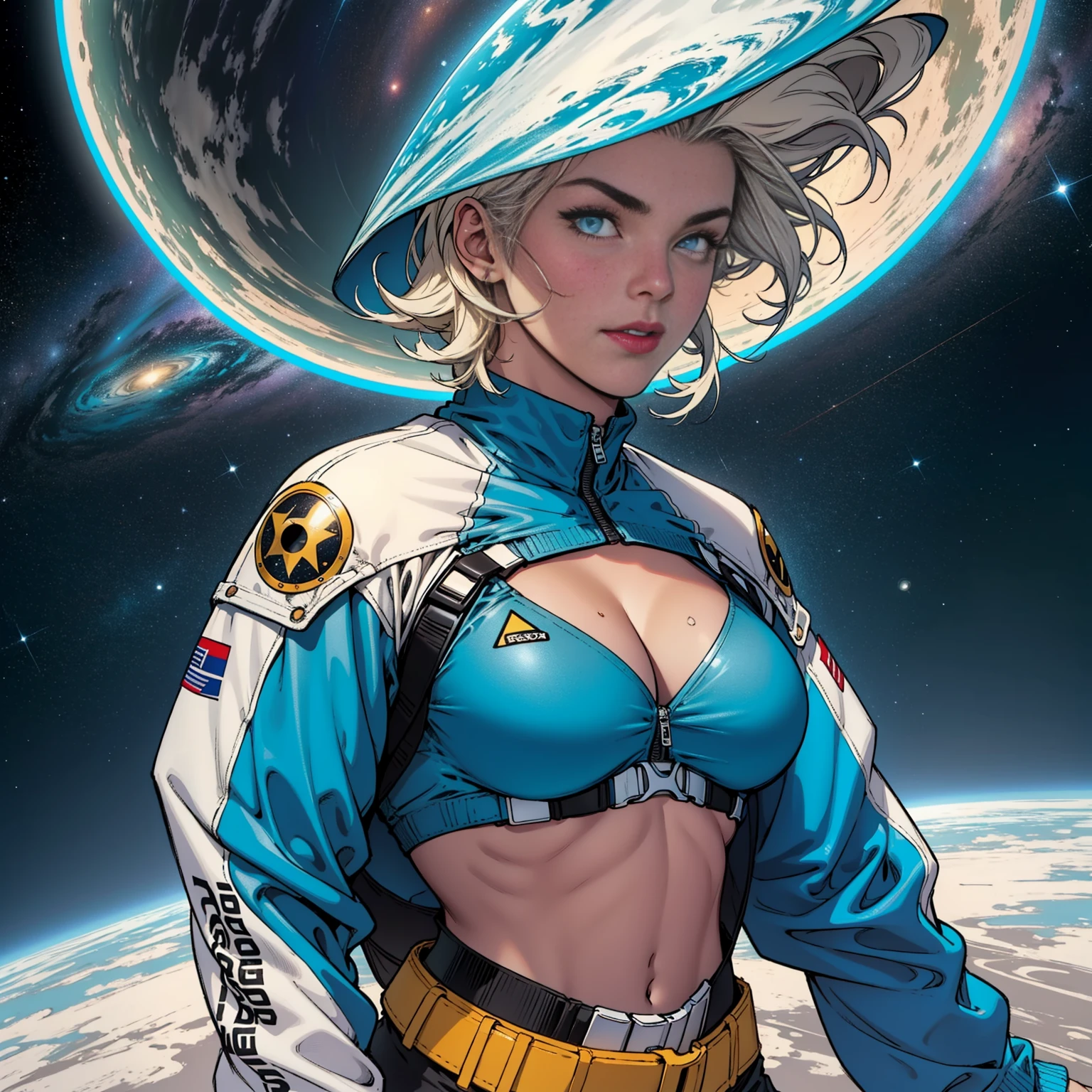 (((32k))),(((Highest quality))),(Perfect One Woman),60's,70's,80's,old movie posters,retro,vintage,bauhaus,abstract,Space Thriller Movie Poster,Futuristic,shape,OK,cosmos,galaxy,satellite,mechanical,Geometric pattern,meteor,meteorite,planet,very delicate,Space flyer OK,Milky Way,((big breasts)),(cleavage),rainbow,massive stream of light,flare,overlay,aurora,Starry sky,infinite possibilities,strongest,Highest,(perfect fingers),perfect gorgeous physical, beauty perfect limbs, (very tight clothes detailing all body breasts niples and shaved pussy):2, cameltoe, lime hair.