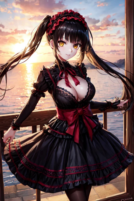 kurumitokisaki, tokisaki kurumi, clock eyes, black hair, twintails, (red eyes:1.2), (yellow eyes:1.3), heterochromia, (medium breast:1.3), smile, BREAK hairband, dress, bow, ribbon, BREAK looking at viewer, BREAK outdoors, city, BREAK (masterpiece:1.2), best quality, high resolution, unity 8k wallpaper, (illustration:0.8), (beautiful detailed eyes:1.6), extremely detailed face, perfect lighting, extremely detailed CG, (perfect hands, perfect anatomy), Black bikini:1.4, 