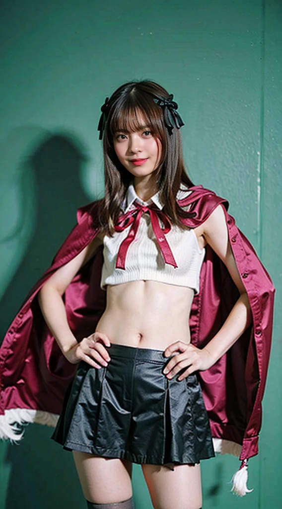 (8K、Raw photo、highest quality、masterpiece:1.2)、(realistic、Photoreal)、1 girl、((mini skirt、ribbon、Idol、pink costume、Navel exposed、cloak、stand with hands on hips、Seen from the front、live stage、smile、Are standing))、lots of eyelashes、Glitter on your eyelids、skeletally correct