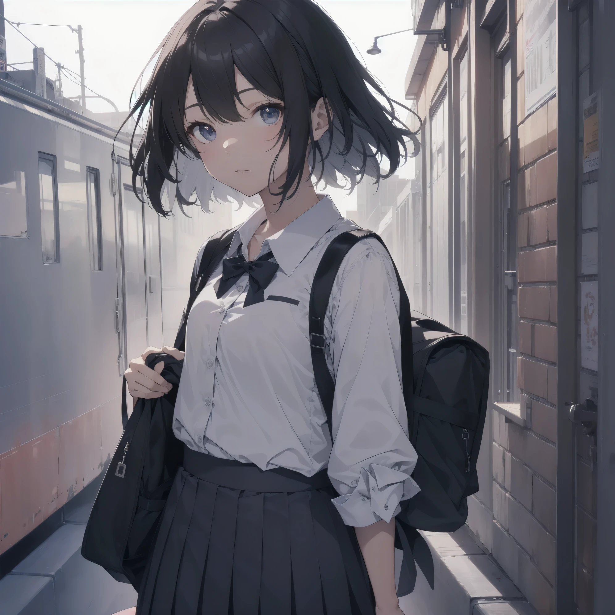 ultra-absurdres-Top quality by artist God, ultra-detailed, high resolution, anime moe artstyle, best anime 8k konachan wallpaper, pixiv contest winner, perfect anatomy,break, 1girl, (Please draw a girl walking sleepily to school alone. )break,(Solo,little female, 13-year-old:1.3),Full limbs, complete fingers,a junior high school student, Attractiveness of immature bodies, (very short hair), short cut, flat chest, , small butt, small black eyes, beautiful detailed eyes, well-proportioned iris and pupils, expressive eyes, highres detailed hair, soft expression, school_uniform, official_alternate_costume, pleated skirt,(Detailed Lighting), (Detailed background), in the School commute route. break,super detailed skin, Best cinematic lighting powered by famous artist, 8k,beauty illustration,photoshop_(medium),very aesthetic,break,((artist:itomugi-kun )), artist:akinashi yuu ,artist:oyari ashito ,artist:kantoku ,