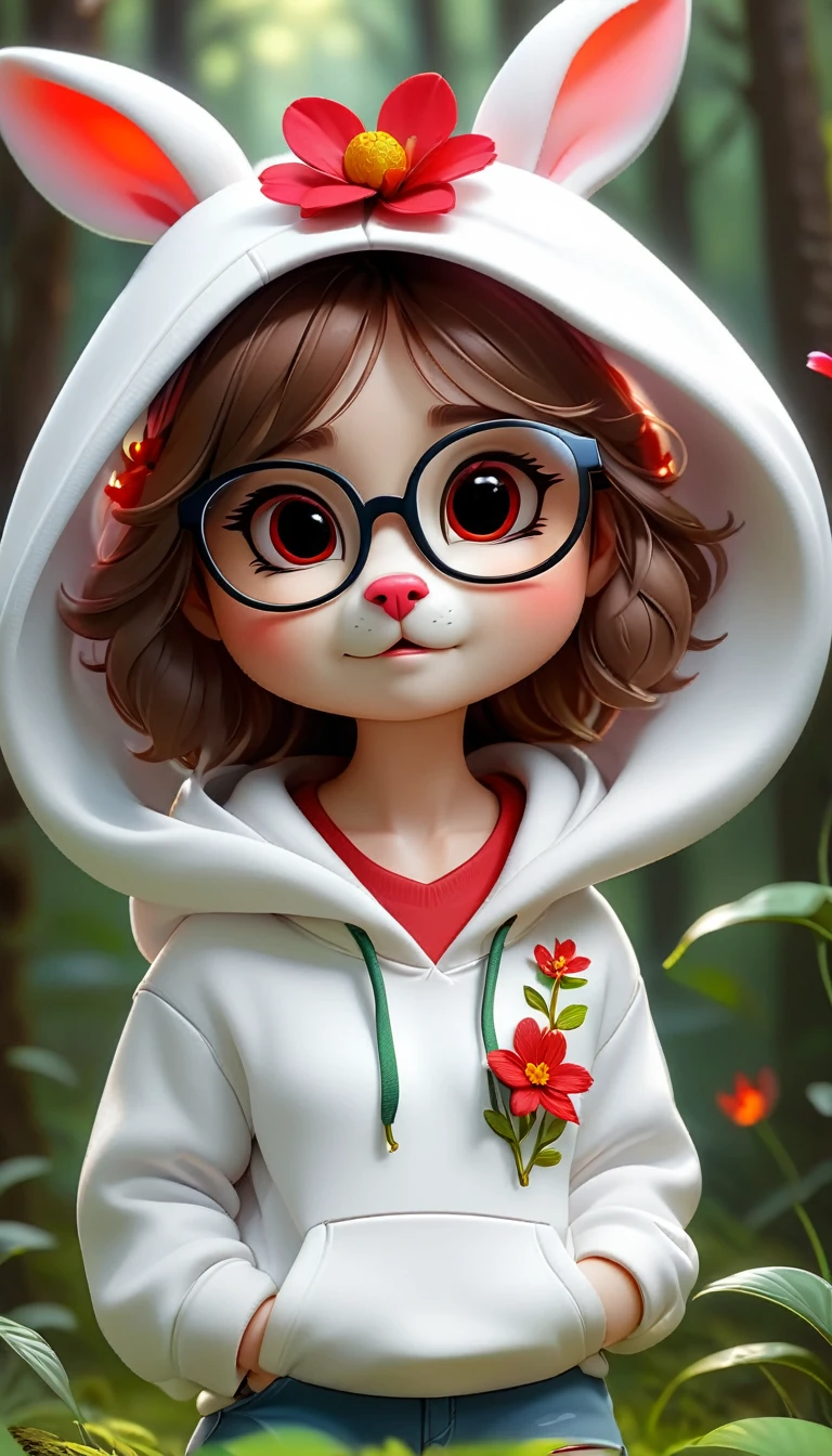 Cute baby bunny,hairy,Wearing a white hoodie,Wearing cute glasses。It is female,Because there is a bright red flower on its head.。Stroll through the forest where various animals live.,, Disney and Pixar style, cute numbers, comic animals, 3D rendering, bright lights, bright colors,High level of image quality、for a great job