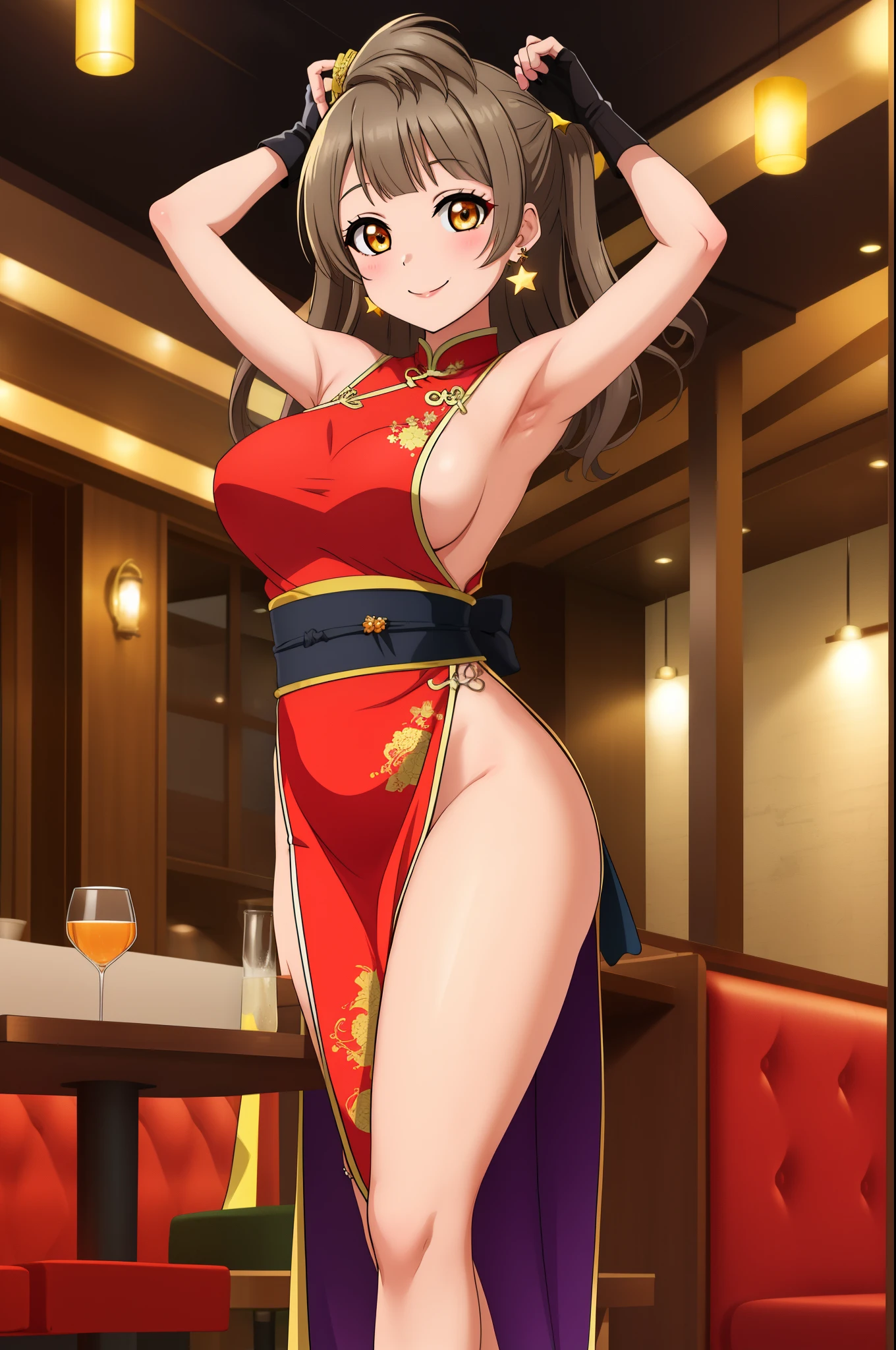 Minami kotori, cowboy shot,solo, breasts, looking_at_viewer, smile, large_breasts, gloves, dress, bare_shoulders, jewelry, standing, thighs, earrings, shorts, sleeveless, alternate_costume, fingerless_gloves, armpits, star_(symbol), arms_up, sash, v, sideboob, makeup, halterneck, chinese_clothes, short_dress, red_dress, standing_on_one_leg, brooch, gem, side_slit, star_hair_ornament, purple_gloves, star_earrings,in restaurant , bottomless ,thicc thighs