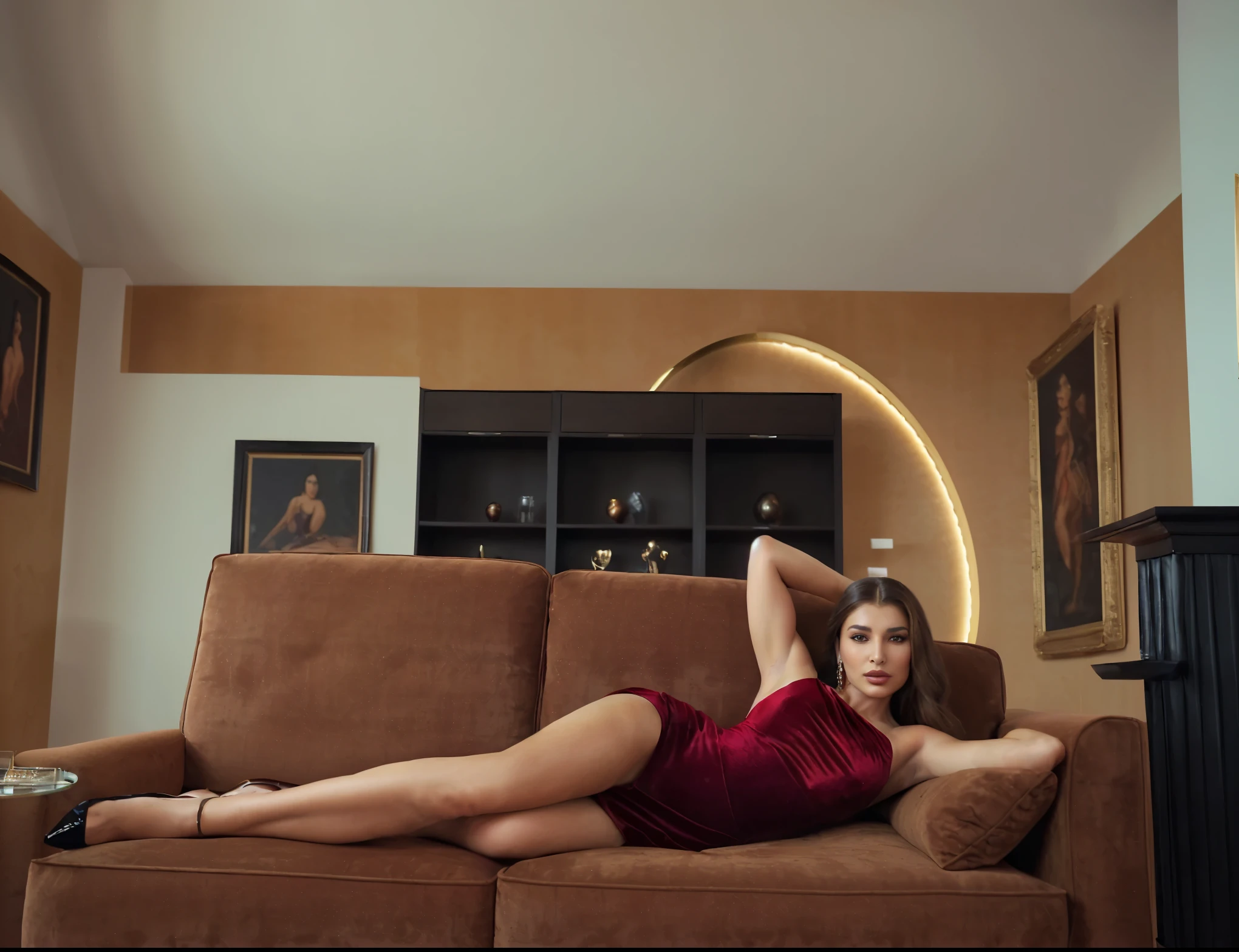 araffe woman in a red dress laying on a brown couch, elegant seducing pose, on a couch, lounging on expensive sofa, glamour pose, stunning elegant pose,