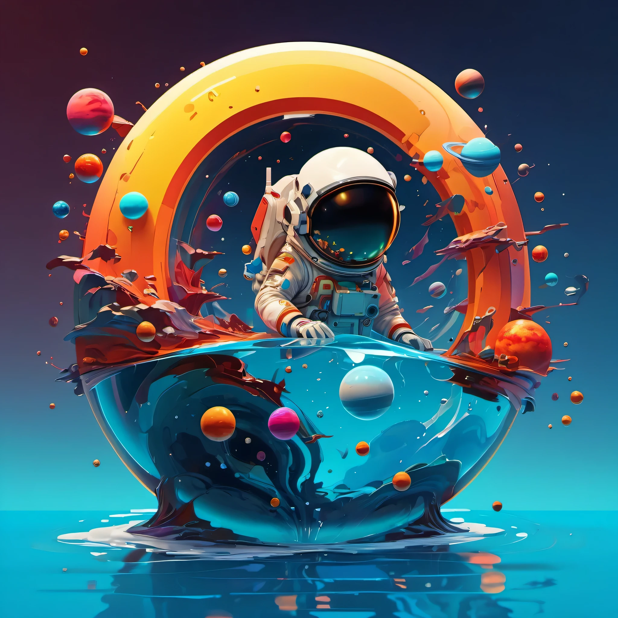 Astronaut floating in a bowl of water surrounded by planets, style hybrid mix of Beeple, In the style of Cyril Rolland, Inspired by Cyril Rolland, Beeple masterpiece, Beeple art, 3 d render Beeple, Beeple artwork, Beeple |, in style of Beeple, entrance to space