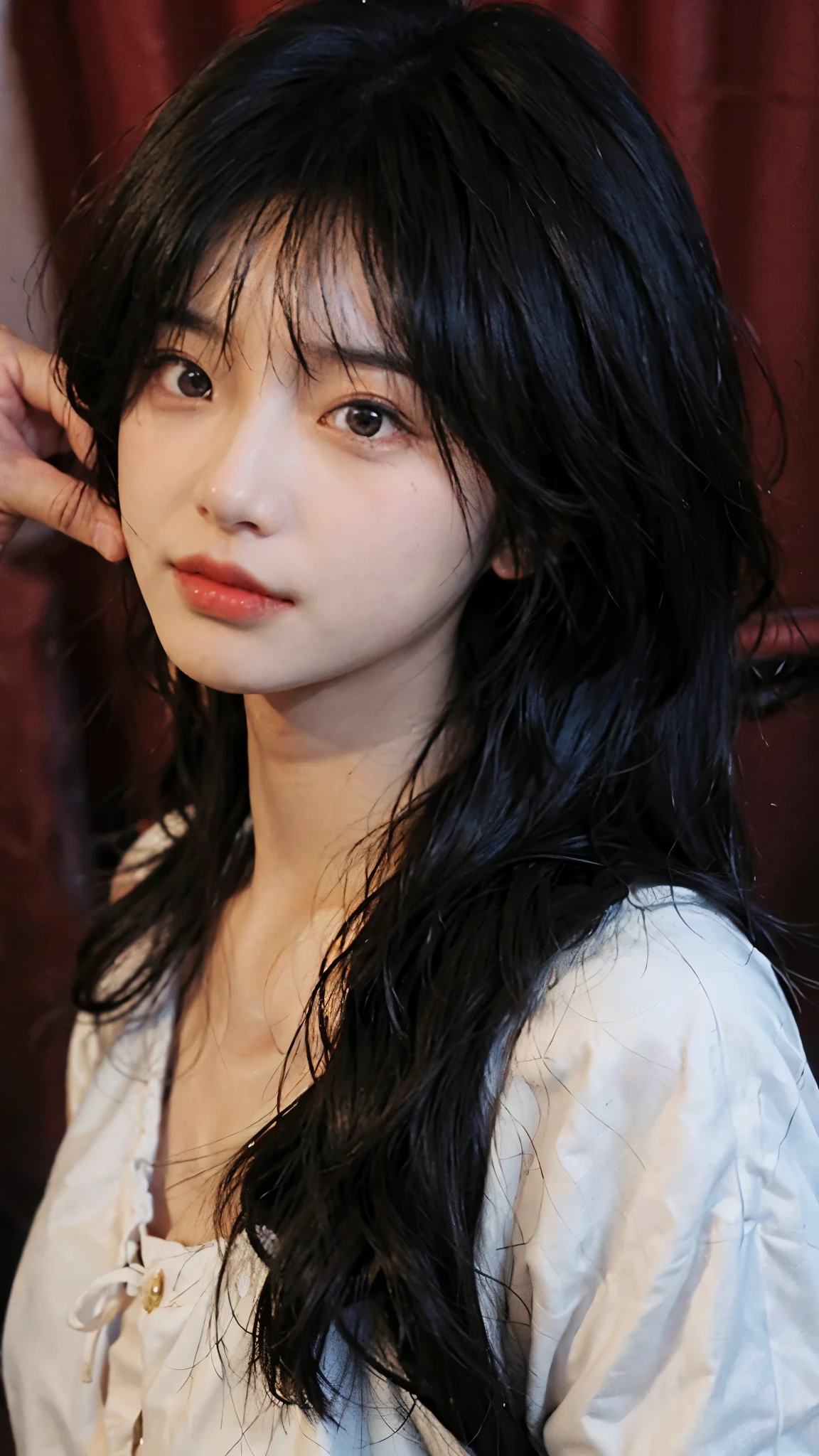 masterpiece、highest quality、cinema、(Eye bags、length:1.6)、(Ulzzang、bangs:1.3)、23 years old、1 girl、elegant、(Midface shortening surgery)、black hair、(auraroid photo:1.2)