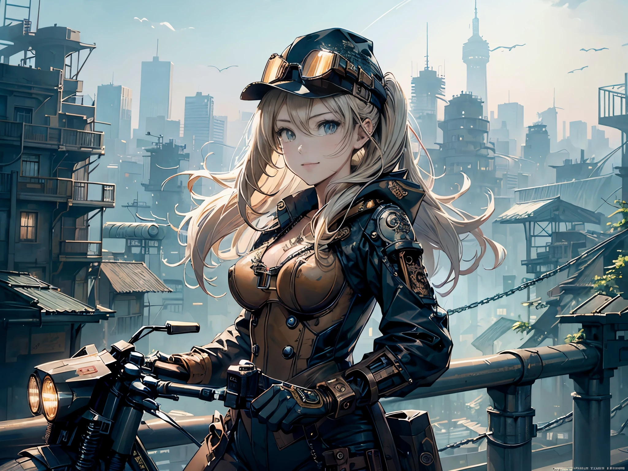 (comic book style),(line drawing_anime),(cowboy shot, highest quality, ),(Laura Budd Photos:1.2),(Laura Add Details:1.0),8K, flat color:0.8,1 girl,smile、(Steampunk bike ride 1.5)、Exquisitely decorated motorcycle、(Highly decorative and complex mechanical steampunk fashion, lace flare dolphin hat、goggles 1.5、machinery background、Gear background、Intricately mechanized steampunk cityscape 1.5),
