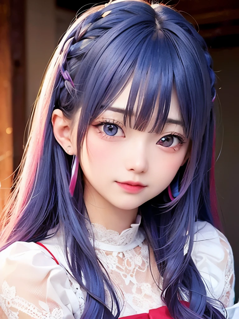 small face、 )Super detailed,bright colors, very beautiful detailed anime face and eyes, look straight,  shiny_skin,girl, (((rainbow colored hair, colorful hair, Half blue、half red hair: 1.2))), 、shiny hair, delicate beautiful face, blush、Glasses、(turquoise eyes), , Valletta, earrings,、（flower garden、sunset）、((light red、translucent、short sleeve、lace blouse))、（twin tails）、（smile、happy face、face dyed red）、cheerful pose、dynamic、Upper body