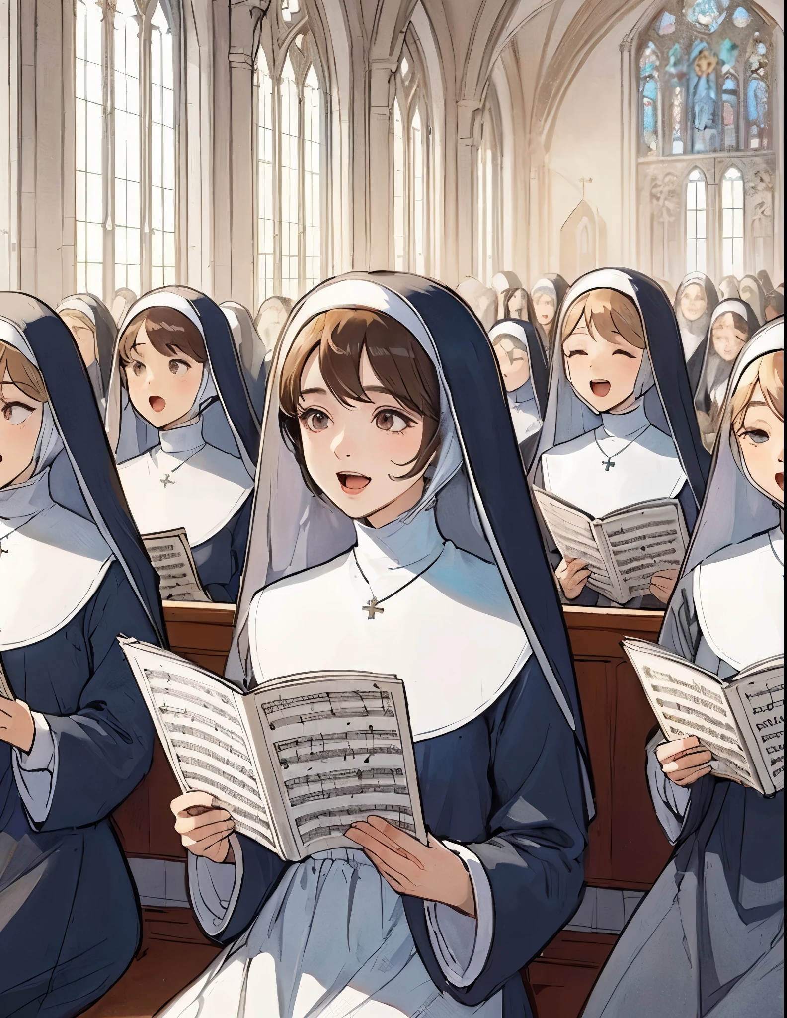 1lady standing, singing, (nun outfit), wimple, mature female, /(dark brown hair/) bangs, light smile, (open mouth), (masterpiece best quality:1.2) delicate illustration ultra-detailed BREAK (holding sheet music), (cross:1.2), (rosery hanging from neck) BREAK ((modest chapel:1.2) in monastery), indoors, multiple ladies, crowded, noon, detailed background
