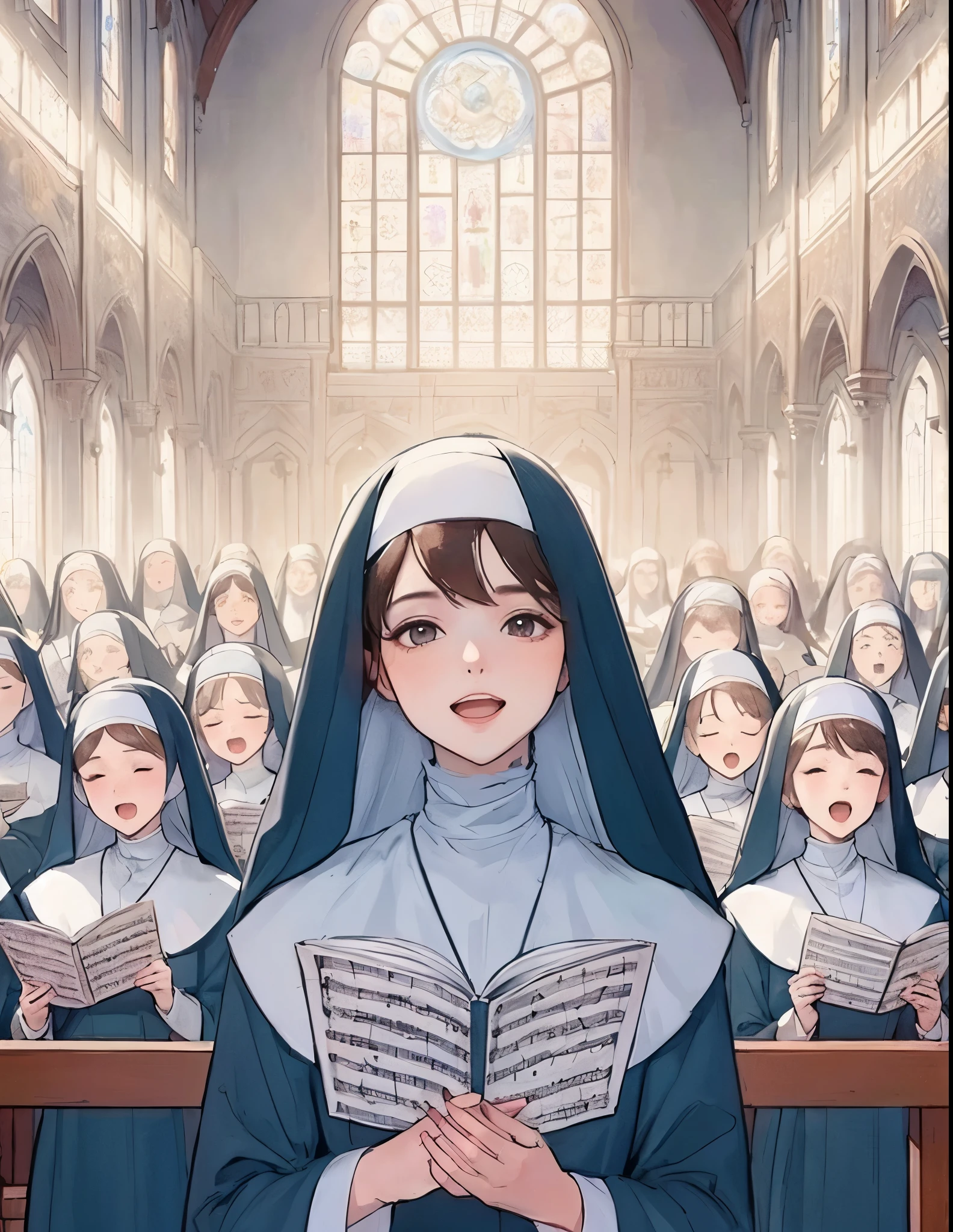 1lady standing, singing, (nun outfit), wimple, mature female, /(dark brown hair/) bangs, light smile, (open mouth), (masterpiece best quality:1.2) delicate illustration ultra-detailed BREAK (holding sheet music), (cross:1.2), (rosery hanging from neck) BREAK ((modest chapel:1.2) in monastery), indoors, multiple ladies, crowded, noon, detailed background