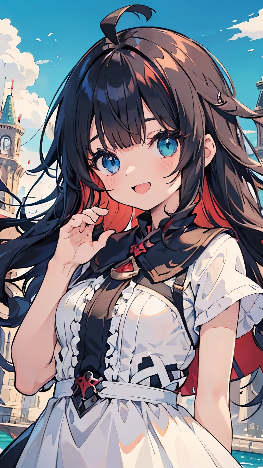 (masterpiece), background, floating city, fantasy, 1 girl,Heterochromia of red and blue iris, smile＋Happy, medium hair, dull bangs, flipped hair, black hair, Red hair inside, (wavy hair), Upper body, Raise the hand, open your mouth, ((front)), Ahoge, from below, ruffle dress