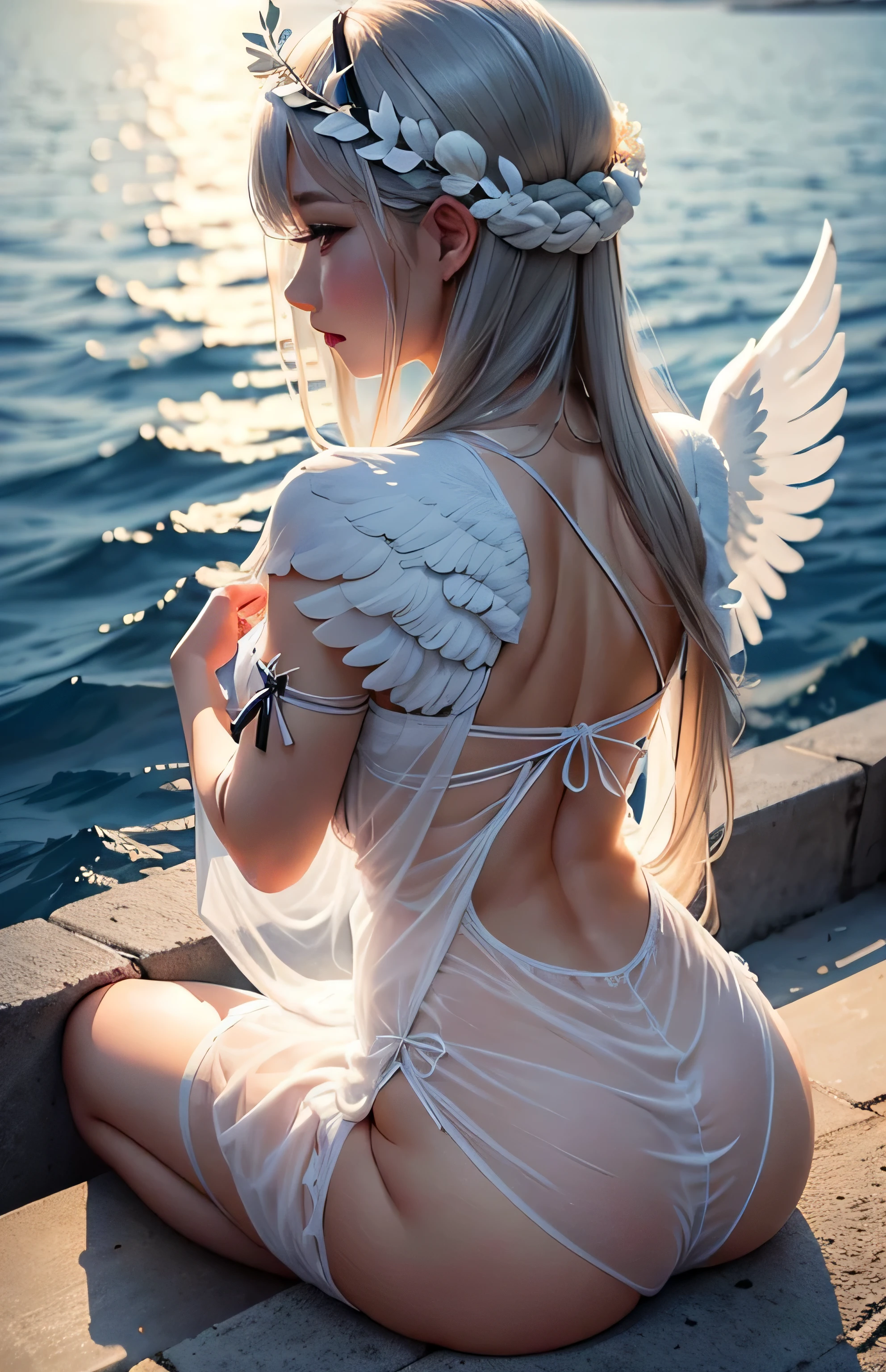 Greek warships、She has the white wings of an angel on her back、see-through white dress
