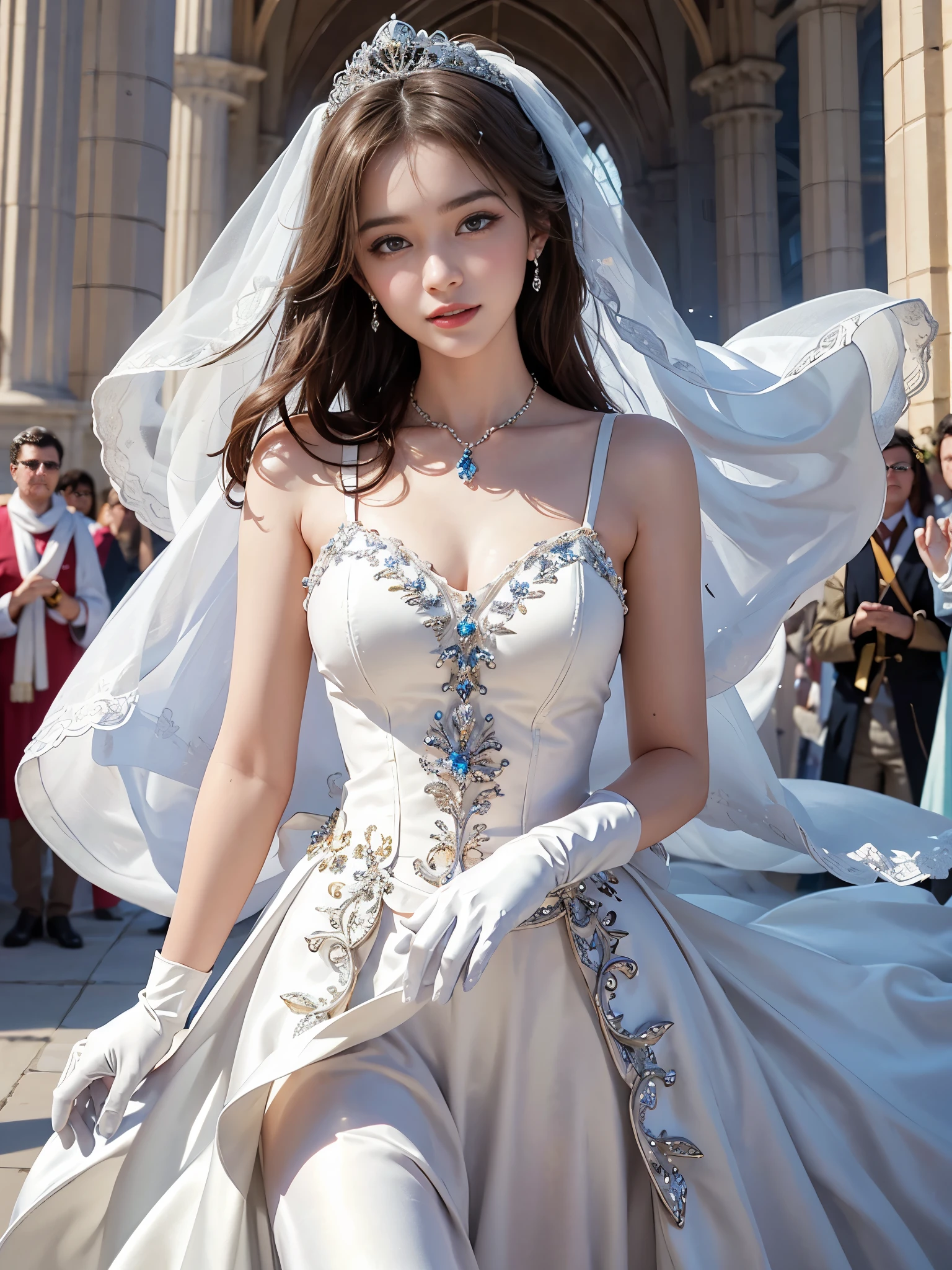 best quality, masterpiece, 1 girl, huge laugh, cute , shiny lips, sweet, sun glare, Conservative attire, white gloves, Bead material bell-line wedding dress, bridal tiara, depth of field, blurred background, Cathedral Background, light particles, strong wind, head tilt
