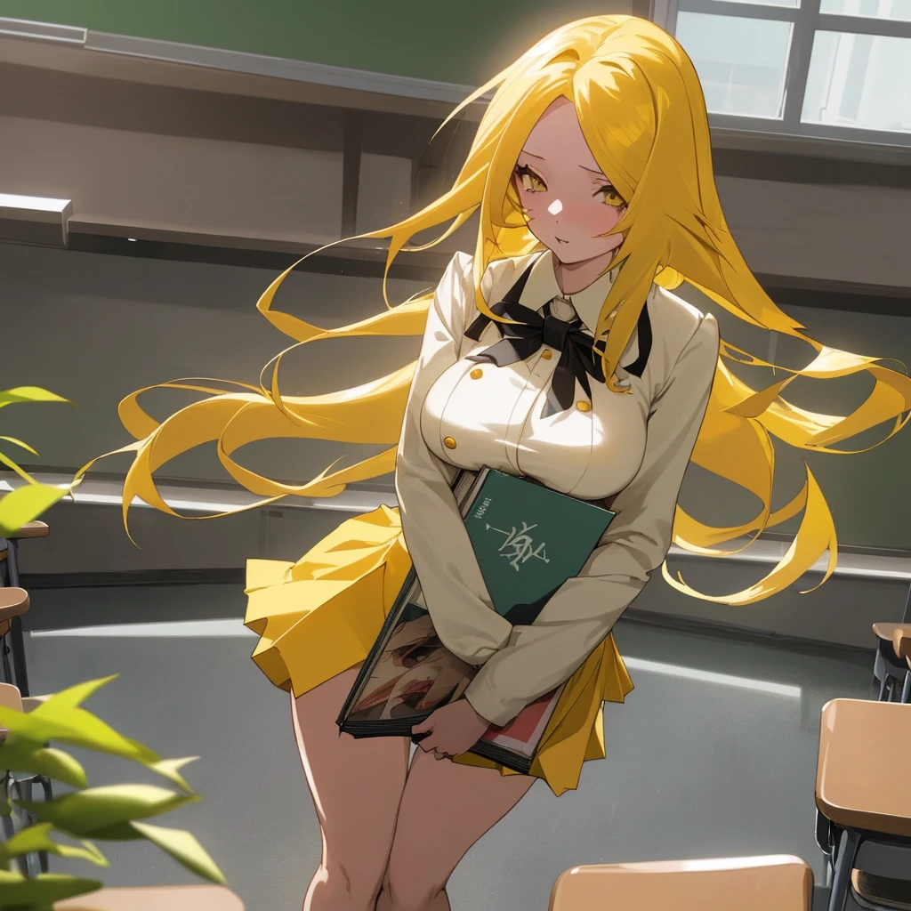 Beautiful girl with long yellow hair, big breasted anime girl wearing a short skirt  in front of the classroom, holding a pornographic book.