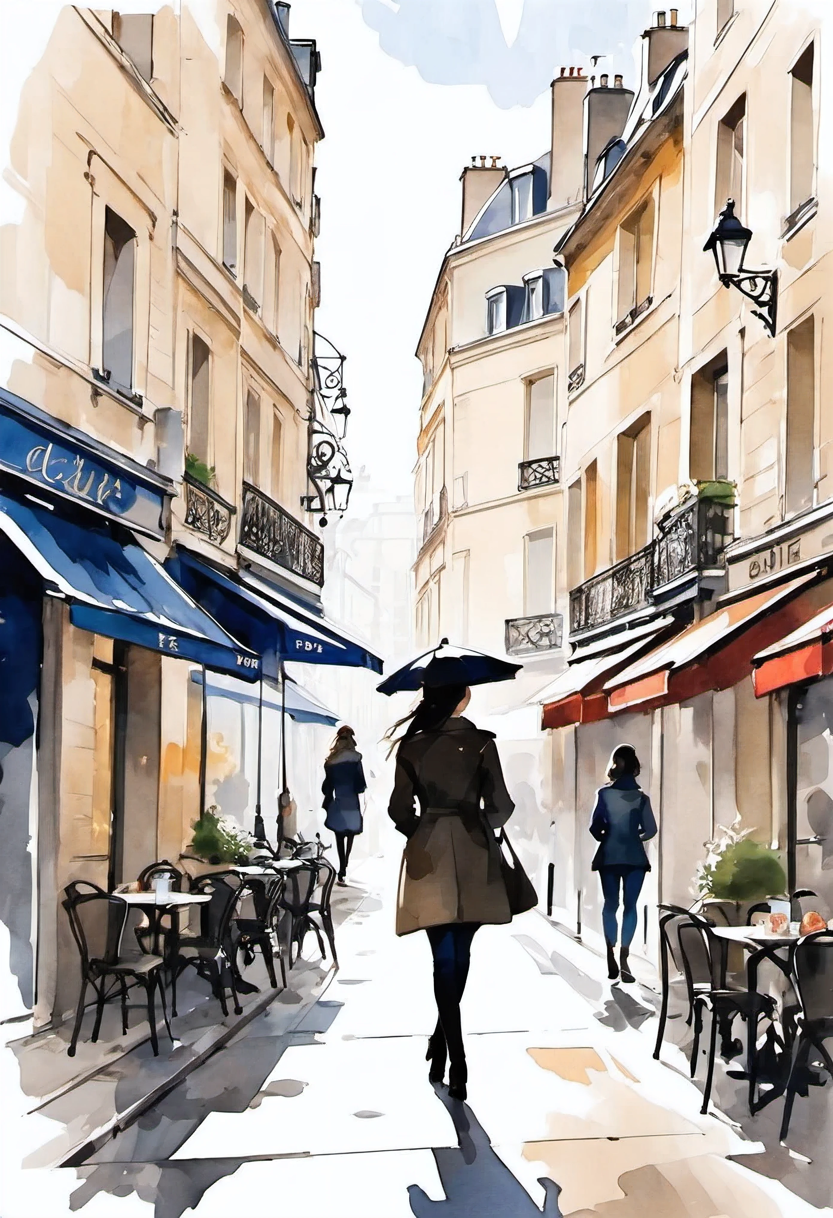 Painting of a woman walking down a street with an umbrella - SeaArt AI