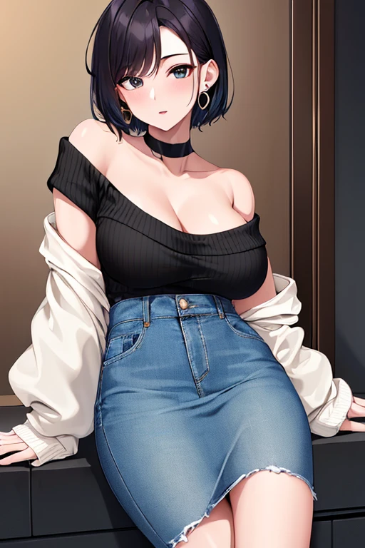 (high quality,4k,8k,highres,masterpiece:1.2),short hair,circular earrings,black dress,wristwatch,off-shoulder sweater,pencil skirt,collarbone,big bust,denim shooting range,permanent