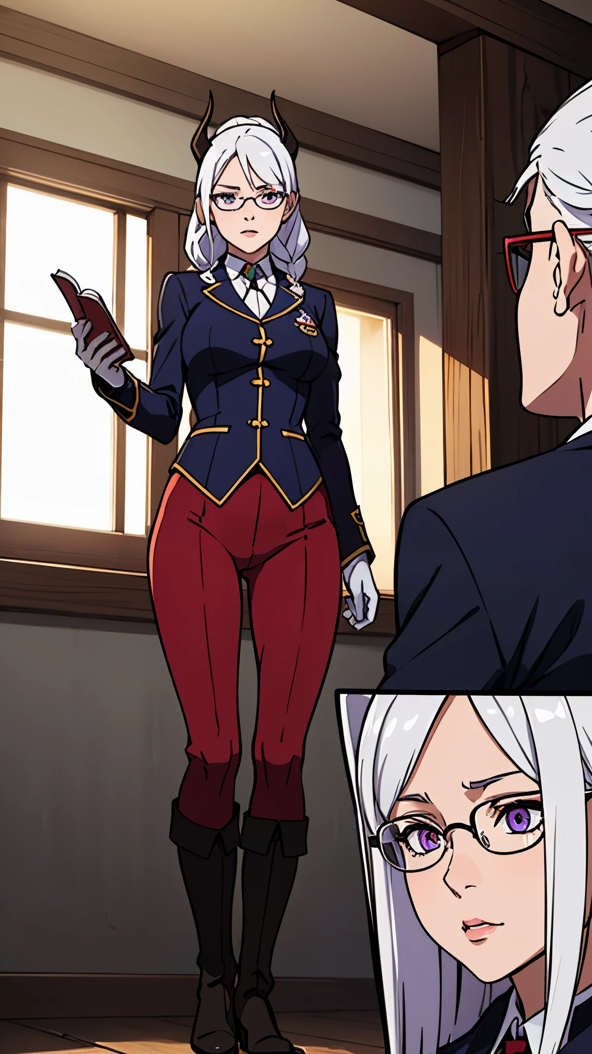 (Masterpiece, best quality), detailed, (medieval magic academy uniform, glasses, reading glasses, white boots), athletic, busty, demon, demon girl, detailed beautiful purple eyes, detailed face, white hair and white skin, braided ponytail, demon horns, full of details.