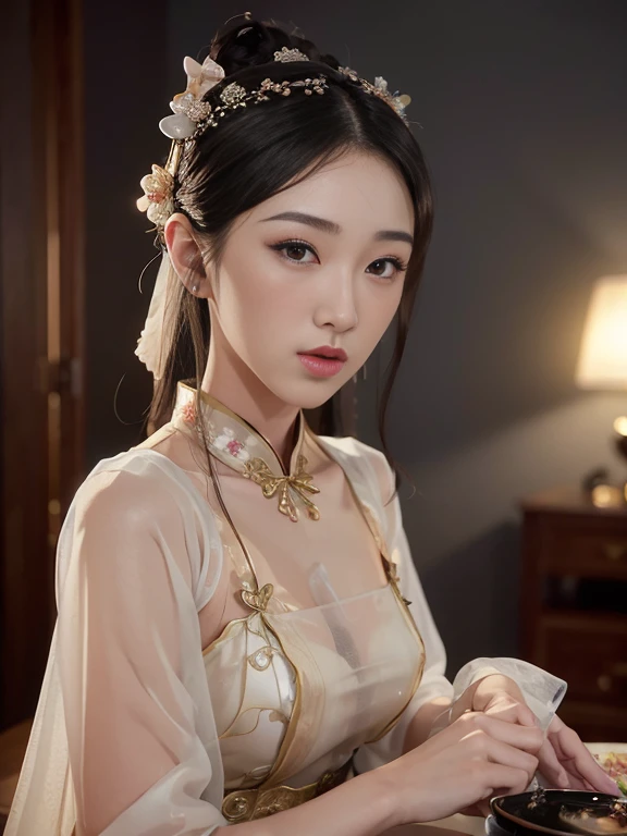 1girl, ((very transparent) Hanfu qipao), (??????_), ((focuss closeup face)), pretty young (Asian) (Asian) (masterpiece), top Asian model, (aphrodite goddess), (small breast), very best quality detailed face:1.5, privium room, (8k HD graphic, (soft and chill light), best quality detailed ultra highres:1.2 dynamic lighting, artstation, winner photography, volumemetricslighting),