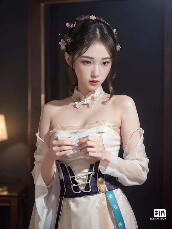 1girl, ((very transparent) Hanfu qipao), (erotic_), ((focuss closeup face)), pretty young (Asian) (Asian) (masterpiece), top Asian model, (aphrodite goddess), (small breast), very best quality detailed face:1.5, privium room, (8k HD graphic, (soft and chill light), best quality detailed ultra highres:1.2 dynamic lighting, artstation, winner photography, volumemetricslighting),