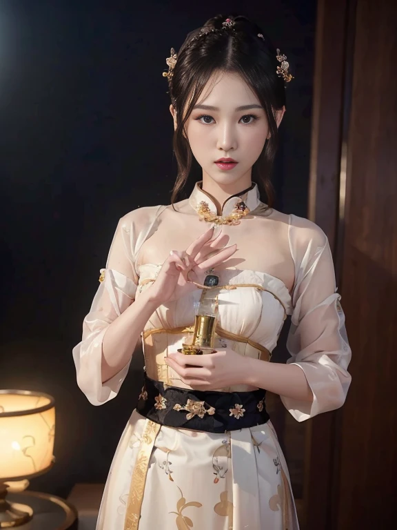 1girl, ((very transparent) Hanfu qipao), (erotic_), ((focuss closeup face)), pretty young (Asian) (Asian) (masterpiece), top Asian model, (aphrodite goddess), (small breast), very best quality detailed face:1.5, privium room, (8k HD graphic, (soft and chill light), best quality detailed ultra highres:1.2 dynamic lighting, artstation, winner photography, volumemetricslighting),