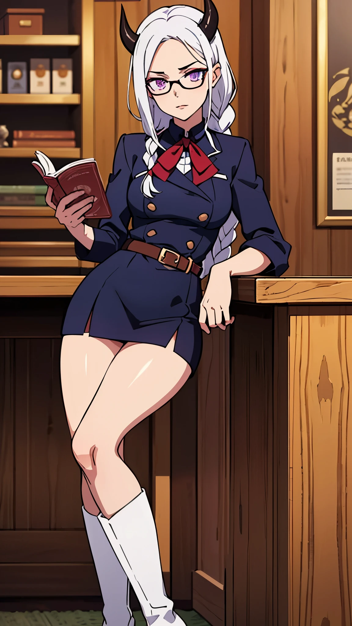 (Masterpiece, best quality), detailed, (medieval magic academy uniform, glasses, reading glasses, white boots), athletic, busty, demon, demon girl, detailed beautiful purple eyes, detailed face, white hair and white skin, braided ponytail, demon horns, full of details.
