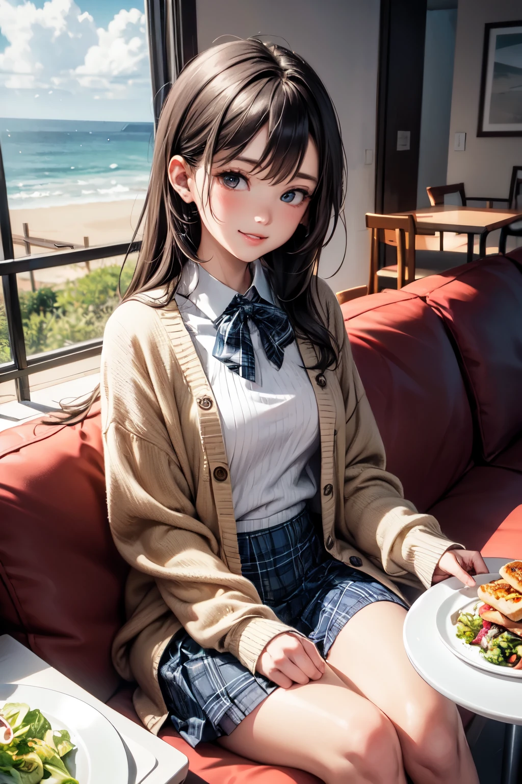 very cute and beautiful girl sitting on chair of cafe,(highly detailed beautiful face and eyes),
white blouse,laugh,happy,(beige cardigan:1.2) BREAK zettai ryouiki,black hair,
(blue plaid mini skirt:1.2),(cups of tea),(sandwiches on plate),(salad in bowl),window,ocean view,
(best quality,masterpiece:1.0),absurdres,highres,ultra-detailed,extremely detailed,32k,8k resolution,
intricate details,cinematic scene,detailed background,solo,dynamic angle,