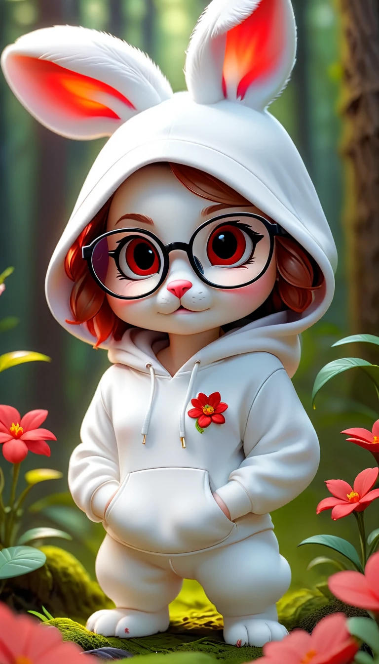 Cute white baby bunny，hairy，Wearing a white hoodie,Wearing cute glasses。It is female，Because there is a bright red flower on its head.。Stroll through the forest where various animals live.,, Disney and Pixar style, cute numbers, comic animals, 3D rendering, bright lights, bright colors,High level of image quality、for a great job