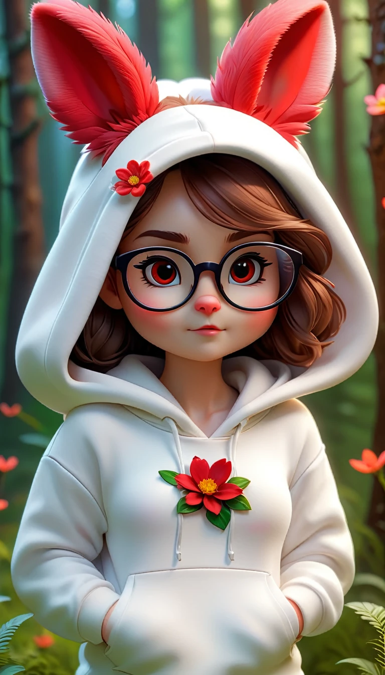 Cute white baby bunny,hairy,Wearing a white hoodie,Wearing cute glasses。It is female,Because there is a bright red flower on its head.。Stroll through the forest where various animals live.,, Disney and Pixar style, cute numbers, comic animals, 3D rendering, bright lights, bright colors,High level of image quality、for a great job