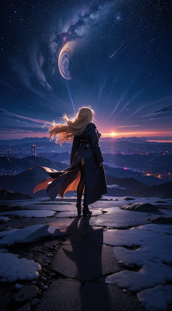 １people々々々,blonde long hair，long coat，silhouette， Rear view，space sky, comet, anime style, dancing petals，Night view of the city from the mountainside，
