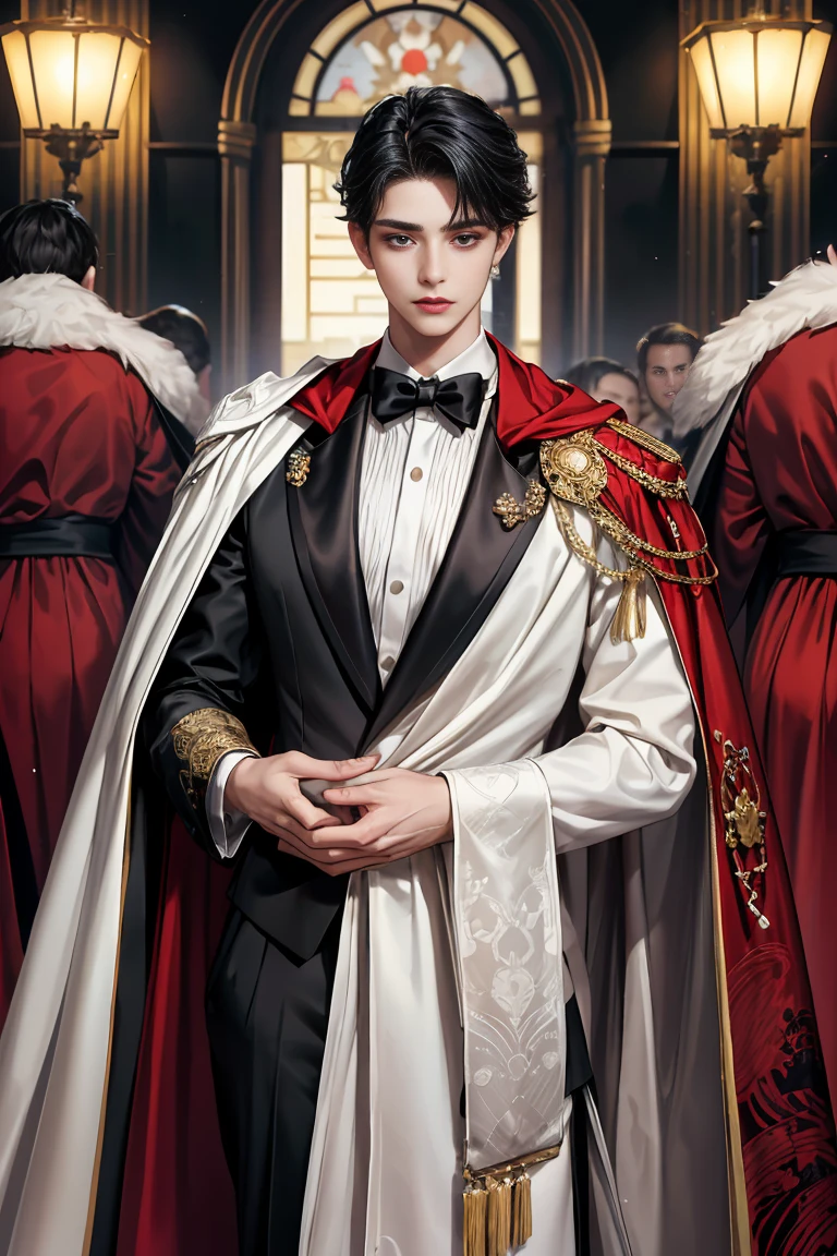 masterpiece, 最high quality, high quality, 1 boy, alone, male focus, looking at the viewer, whole body, Winning spirit_destiny, Messy black hair, blue adorable big eyes, white people, Noble, Noble, Noble的な吸血鬼、An elegant tuxedo,A very large, very tall stand-up collar, a very large, very long, long cape that reaches down to the floor, made of a lot of fabric, red and black., 17 years old,cute beautiful boy,cute cute handsome boy