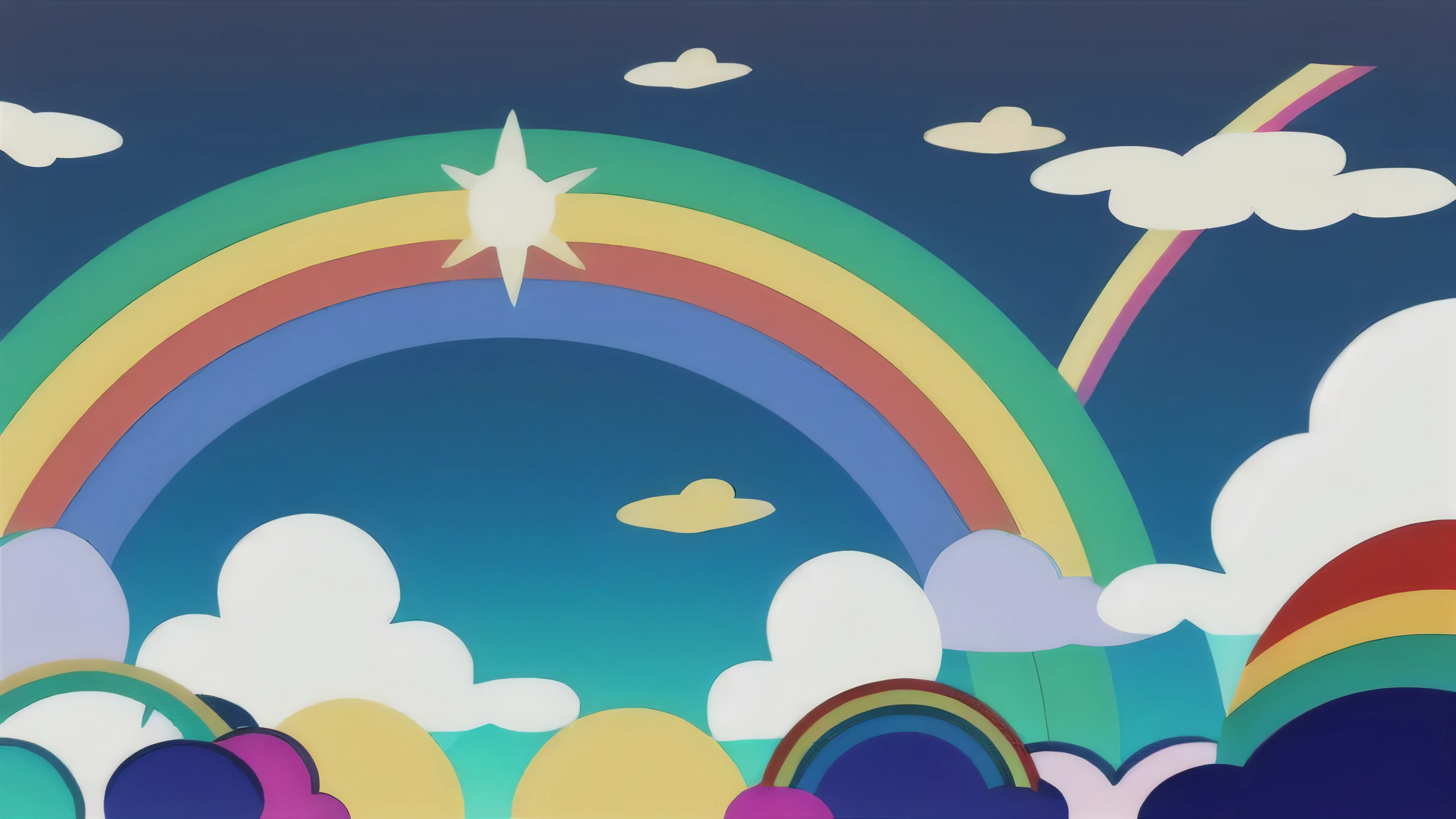 a rainbow and clouds with a sun in the background, raining rainbow, rainbow bg, rainbow, rainbows in the background, bright rainbow nimbus, grey skies with two rainbows, rainbow in the sky, very sunny weather, rainbows, rainbow background, rainbow colored, no rainbow, partly cloudy day, still of rainbow ophanim, rainbow accents, icon for weather app