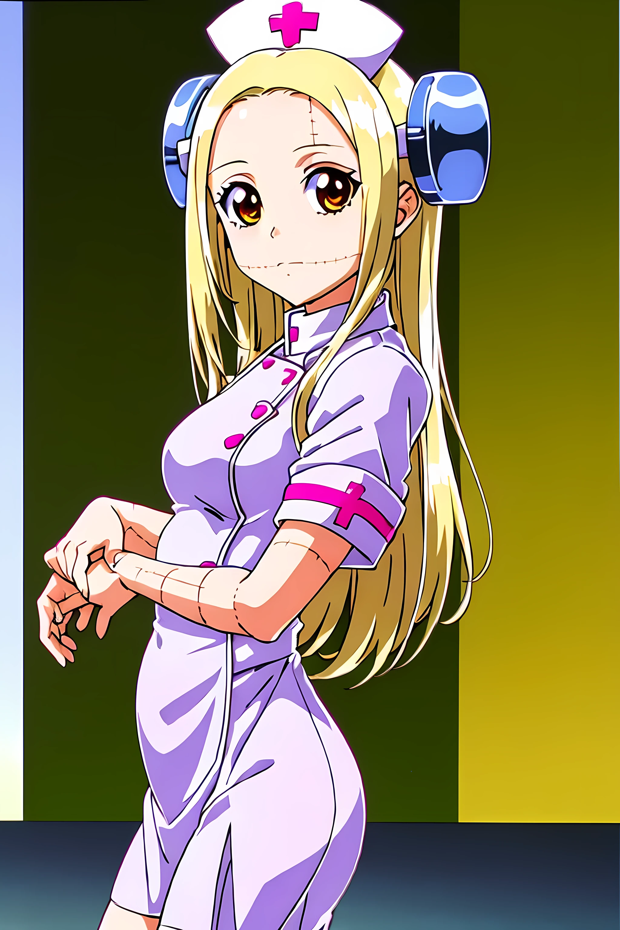 (highest quality:1.3),(ultra-become familiar with:1.5),High resolution,extremely become familiar with CG,unity 8k wallpaper,official art,become familiar with,super become familiar with skin,perfect anatomy,beautiful become familiar with eyes,(anime screenshot:1.11),very delicate and beautiful,(90s anime,90s anime style,cel shaded anime:1.17),1 girl,anmnr, 
madaraki_fran,Light blonde long hair,brown eyes,,stitch,body scars,Creepy look,closed mouth smile,Drooping eyes,(nurse:1.5),