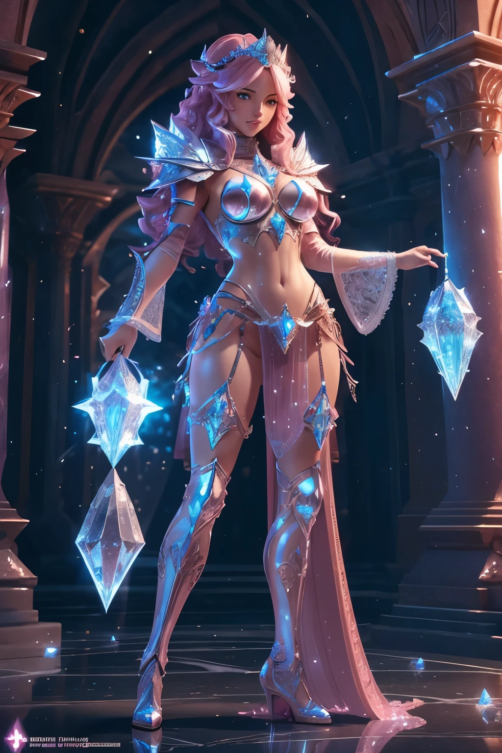 beautiful alluring female knight, long pink curly hair, blue eyes, smiling, pink crystal skimpy lewd bikini armor made entirely of crystals inside a magical palace,  fantasy theme, Fiverr Dnd Character, Octane Render, Digital Art, Extreme Detail, 4k, Ultra Hd, Polished, Beautiful, Hyperdetailed, Intricate, Elaborate, Meticulous, Photorealistic, Sharp Focus, Wlop, Character Design, Unreal Engine, 3d Rendered, Volumetric Lighting, Reflections, Glossy, Digital Illustration, Pose, Suggestive Pose, Lewd, Full Body Shot, anatomically correct,💖❤💕💋❣