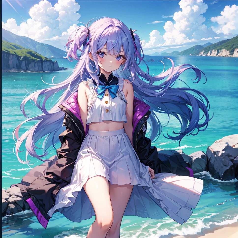 feet out of frame, sideboob, abs, a girl, , long hair floating everywhere, messy hair style, asymmetrical bangs, eyes visible through hair, azure hair, Iridescence and rainbow hair, Only his head was above the water, Shock sensation, tareme, flat chest best quality, buttons, Iridescence and rainbow sailor dress, pink violet Clothes, Rainbow in the sky,