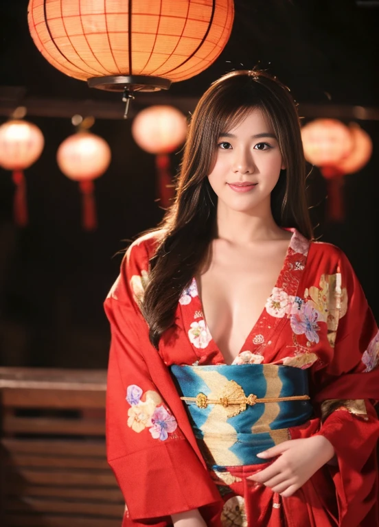 (best quality, 4K, masterpiece :1.3), detailed, beautiful, insanely detailed, absurdres, perfect anatomy, Thai beautiful girl, 22 years olds, (slender), (big breasts:1.0), Super detailed face, Detailed lips, wear glasses, long light brown hair, wear red flower yukata, playing with sparklers, in the night of Japanese festival. Background is a Japanese festival in asakusa temple, full body shot, random pose.