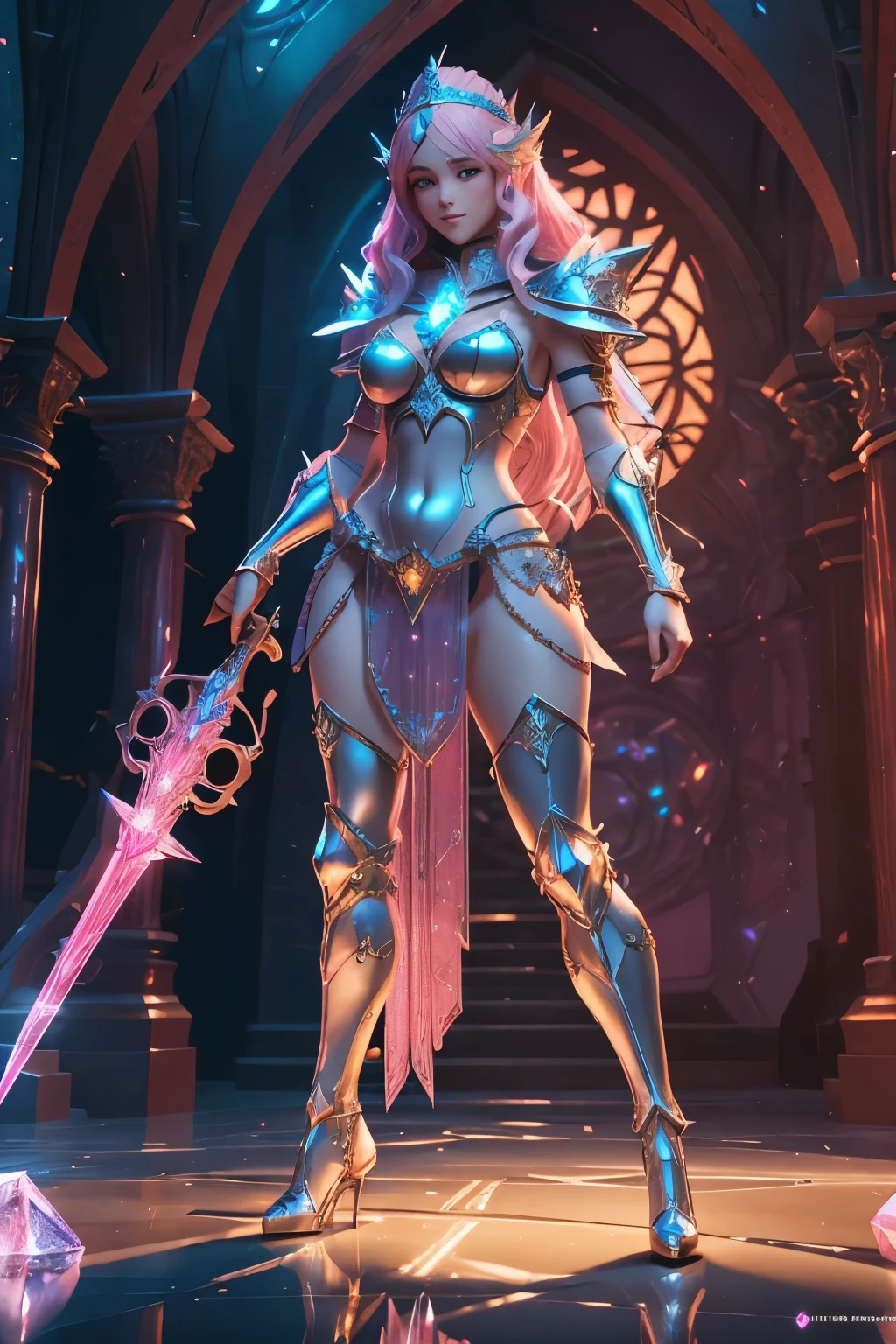 beautiful alluring female knight, long pink curly hair, blue eyes, smiling, pink crystal skimpy lewd bikini armor made entirely of crystals inside a magical palace,  fantasy theme, Fiverr Dnd Character, Octane Render, Digital Art, Extreme Detail, 4k, Ultra Hd, Polished, Beautiful, Hyperdetailed, Intricate, Elaborate, Meticulous, Photorealistic, Sharp Focus, Wlop, Character Design, Unreal Engine, 3d Rendered, Volumetric Lighting, Reflections, Glossy, Digital Illustration, Pose, Suggestive Pose, Lewd, Full Body Shot, anatomically correct,💖❤💕💋❣