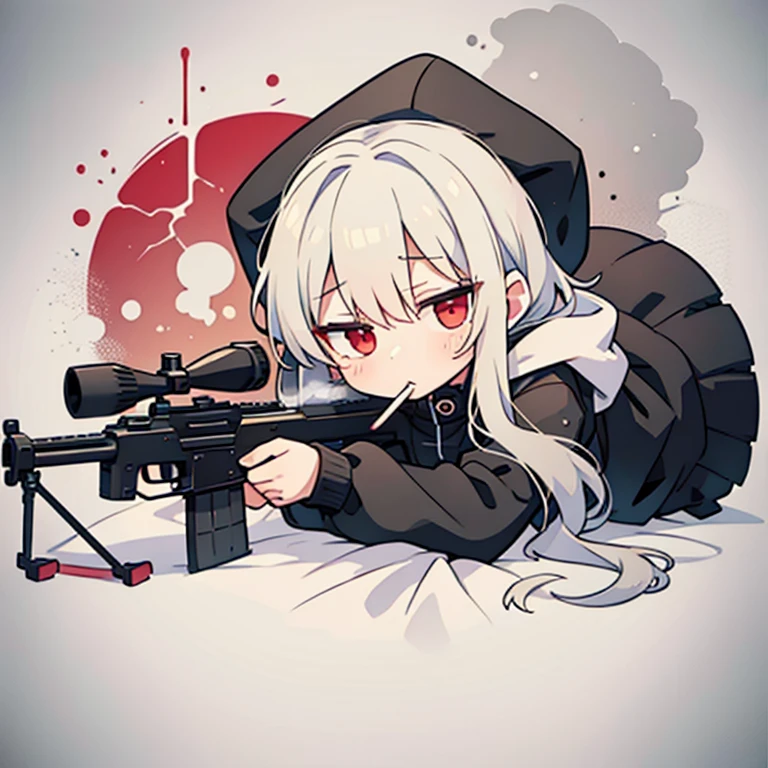 avatar image,Chibi,(1 person),shining eyes,red eyes,A white-haired boy wearing a black hoodie,Melancholic style, white haired god,Maple Story Style, The smoke melts into my body, ((
HS-ChineseSniperGunSeries,cigarette smoker,)),lie down,Sniper pose,Looking through a sniper&#39;s scope