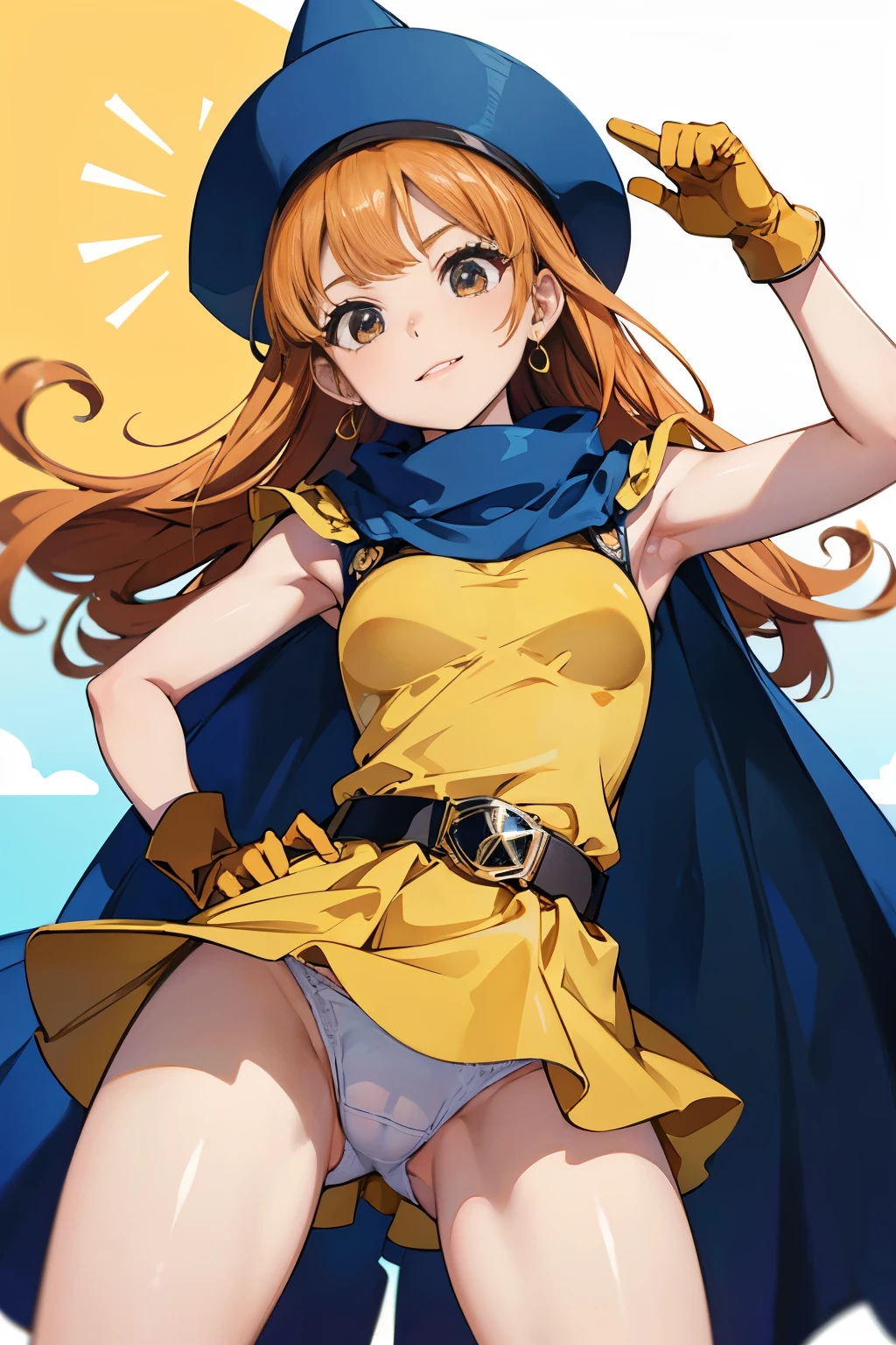 1 girl、High resolution、masterpiece、(alena-dq4、DQ4-ALENA、Orange straight hair)、happy smile、short height、thin thighs、thin legs、small shoulder width、slender、muscular、(tits)、(outdoor、Sunny day on the grass)、((hat、yellow dress、cape、belt、glove、強風でスカートが捲れてwhite pantiesが見えている))、(((white panties)))、I'm photographing her from below.、(((close-up of crotch、The camera is placed close to the crotch area.)))、spreading legs